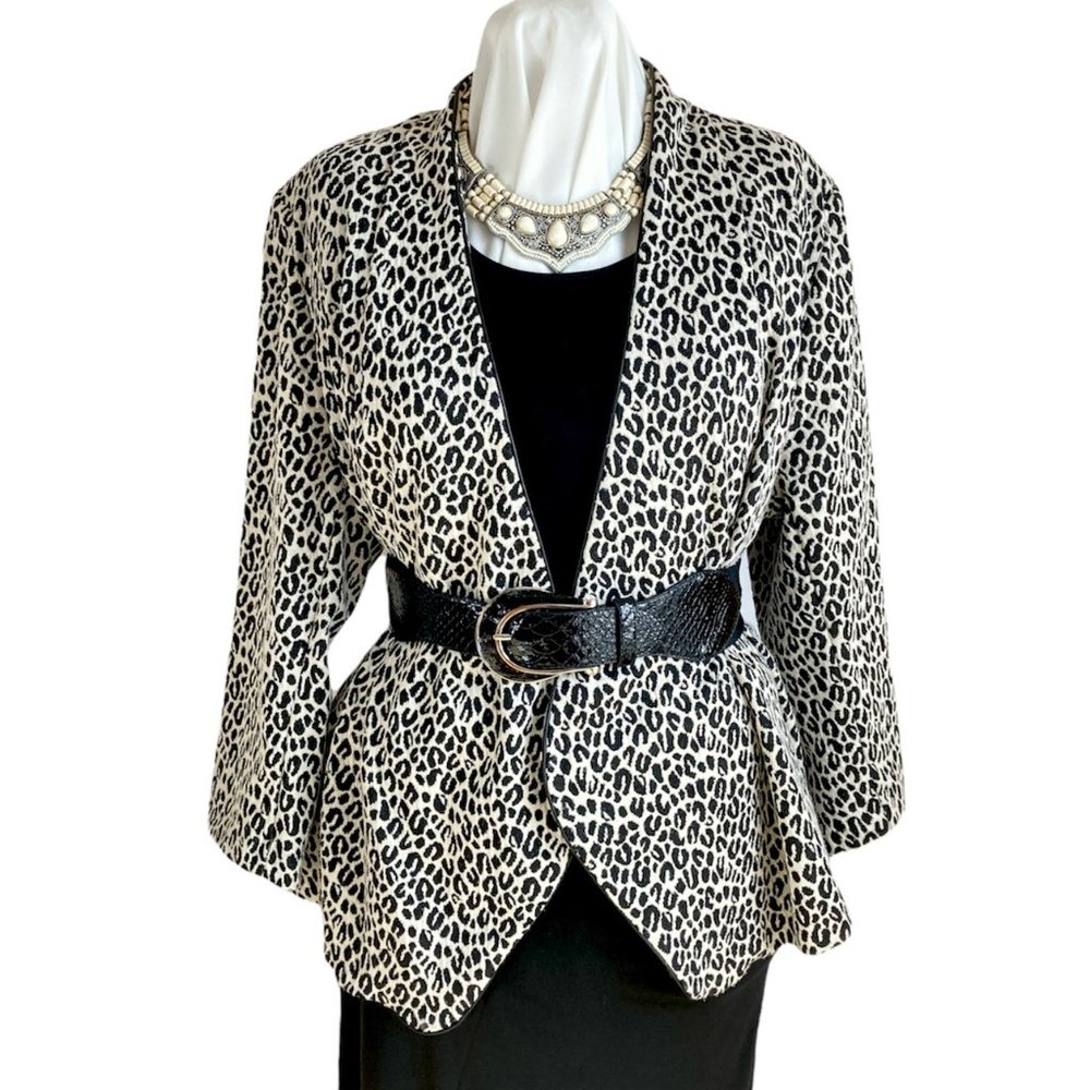Notations Tan Black Leopard Print Open Front Waterfall Jacket Sz 2X Lined Padded